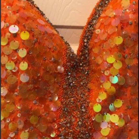 Beautiful beaded, coral prom, dress, fitted at waist, spaghetti straps. - Picture 2 of 9